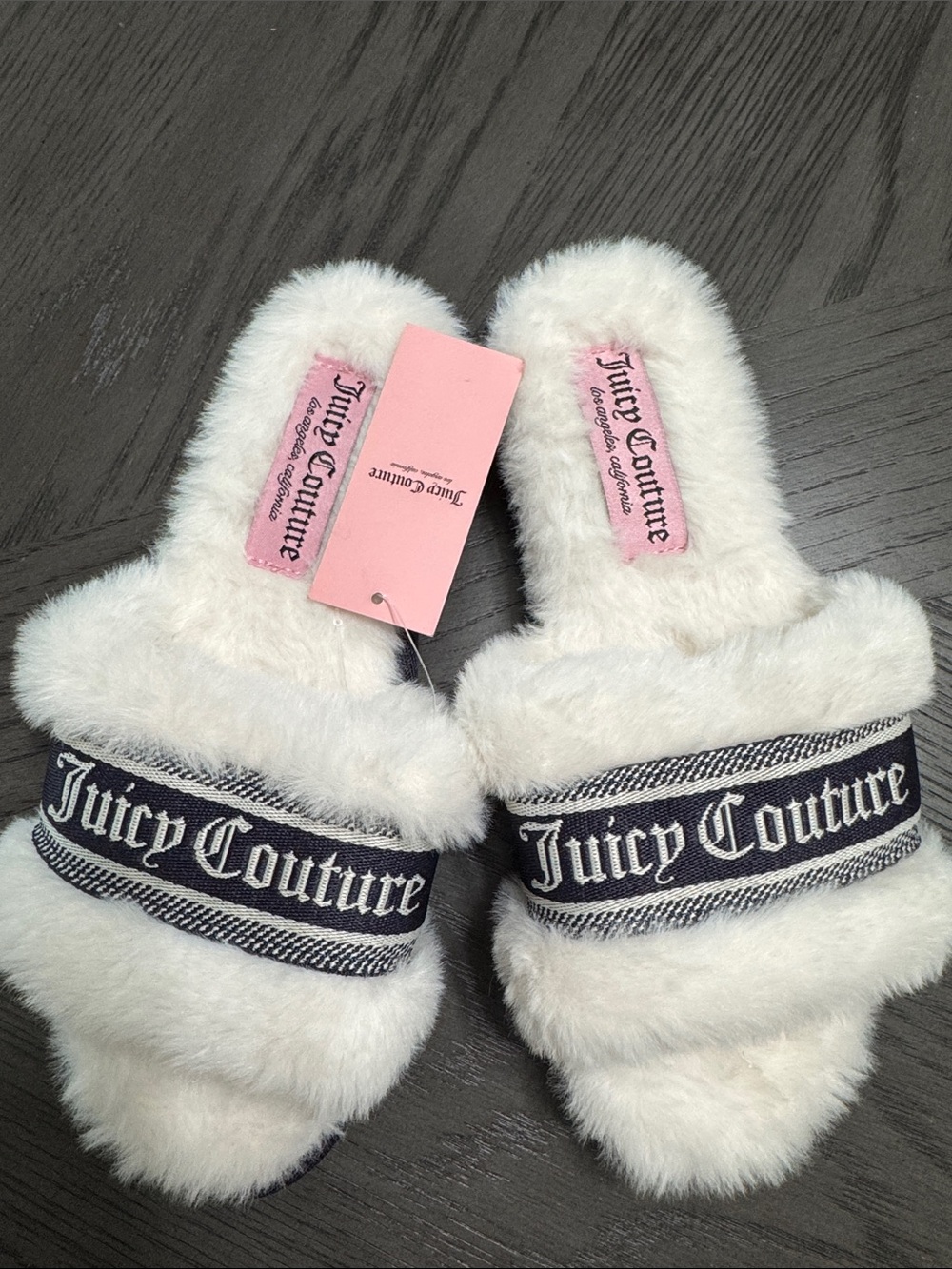 NWT Juicy Couture Faux Fur Slides with Navy Logo Band and Gold Trim | Size M